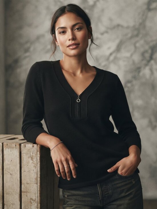 Cable & Gauge Sweaters - CABLE & GAUGE Women's XL Black Rayon Blend Zip-Front Tunic Minimalist Luxury